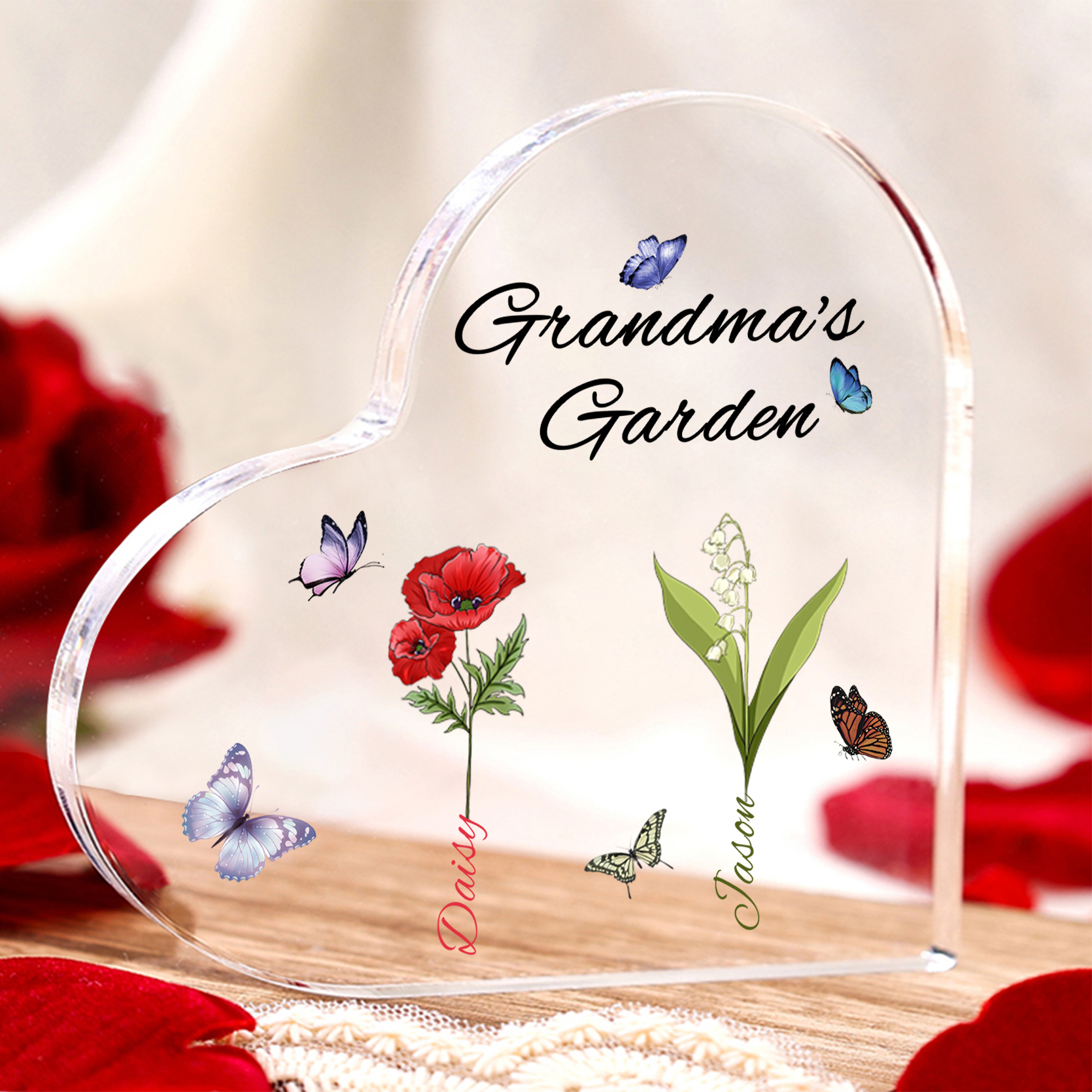 Grandma's Garden Personalised Heart Acrylic Plaque with Custom 1-8 Birth Flowers and Names Family Gift-Jessemade AU
