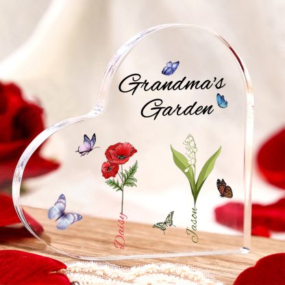 Grandma's Garden Personalised Heart Acrylic Plaque with Custom 1-8 Birth Flowers and Names Family Gift-Jessemade AU