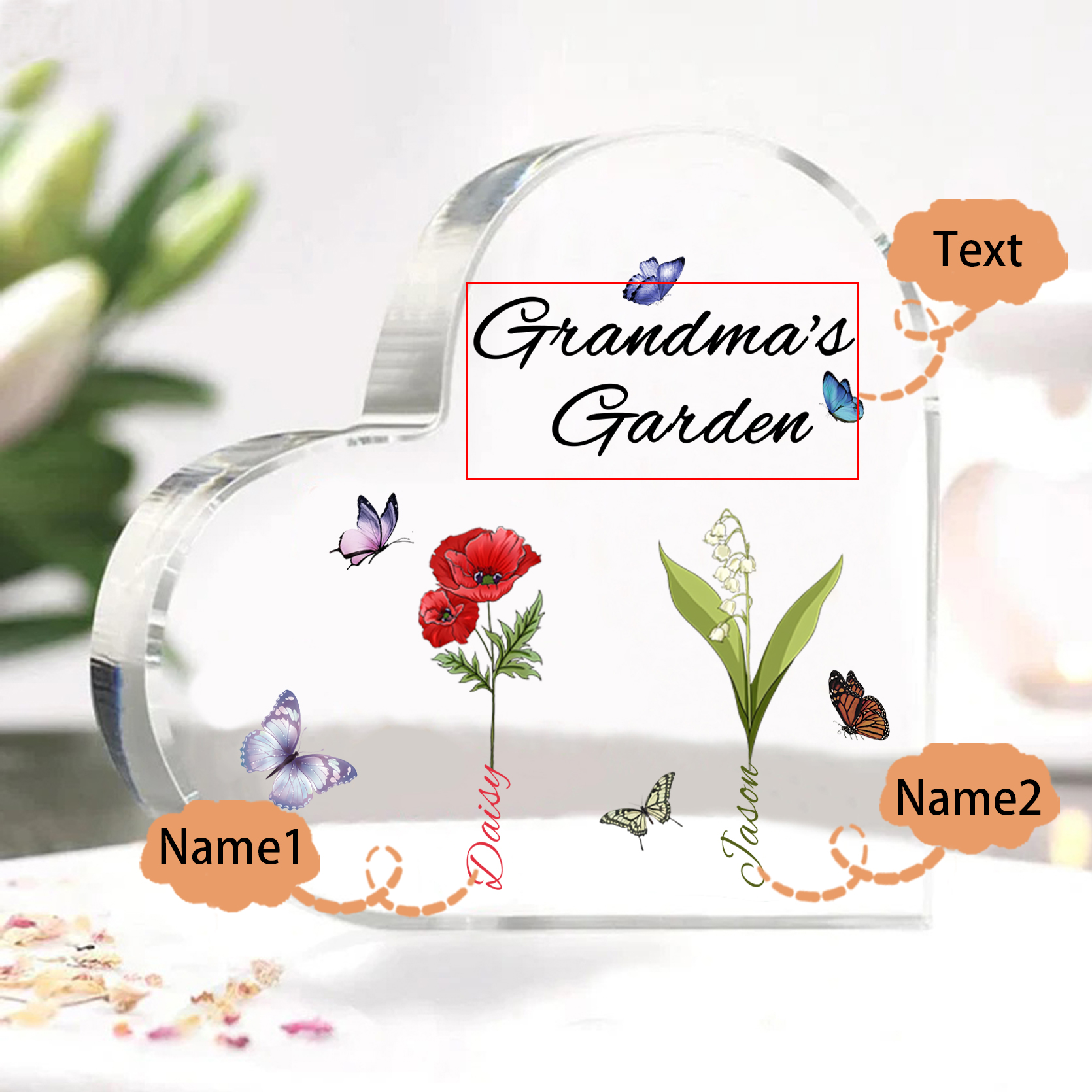 Grandma's Garden Personalised Heart Acrylic Plaque with Custom 1-8 Birth Flowers and Names Family Gift-Jessemade AU