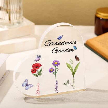 Grandma's Garden Personalised Heart Acrylic Plaque with Custom 1-8 Birth Flowers and Names Family Gift-Jessemade AU