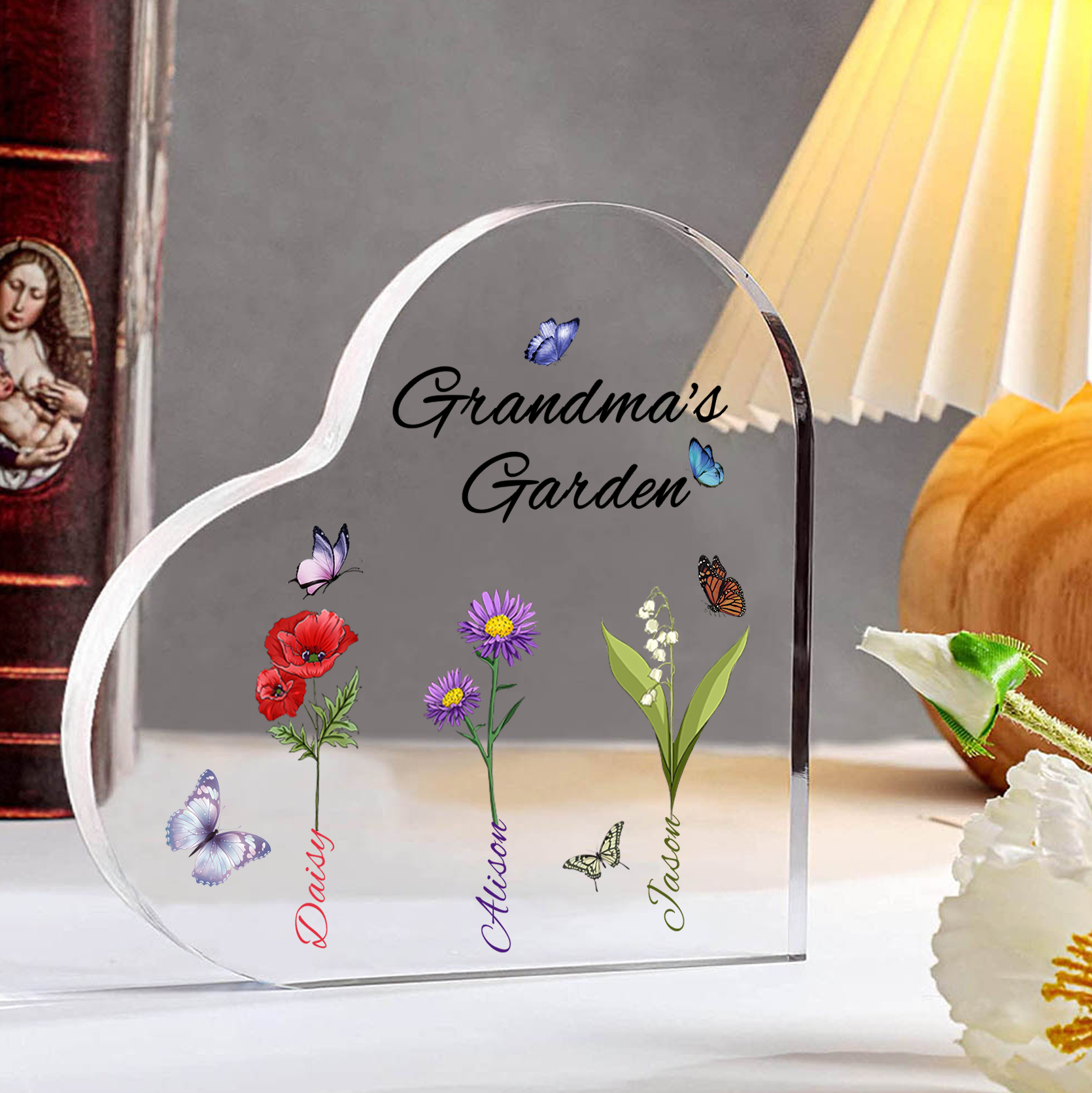 Grandma's Garden Personalised Heart Acrylic Plaque with Custom 1-8 Birth Flowers and Names Family Gift-Jessemade AU