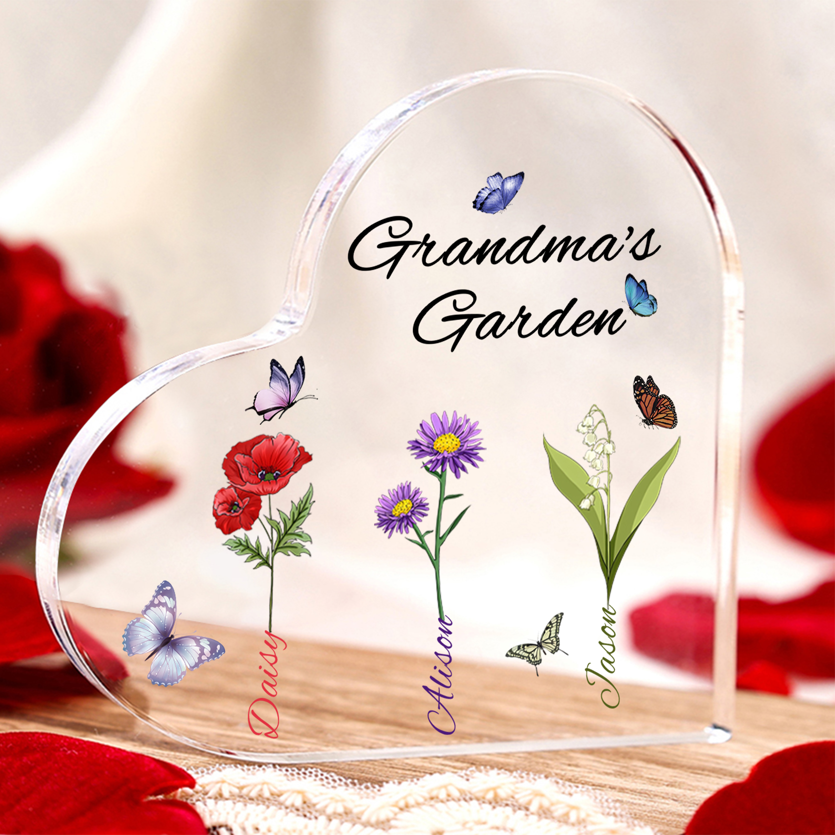 Grandma's Garden Personalised Heart Acrylic Plaque with Custom 1-8 Birth Flowers and Names Family Gift-Jessemade AU