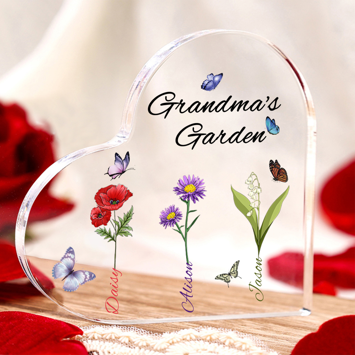 Grandma's Garden Personalised Heart Acrylic Plaque with Custom 1-8 Birth Flowers and Names Family Gift-Jessemade AU