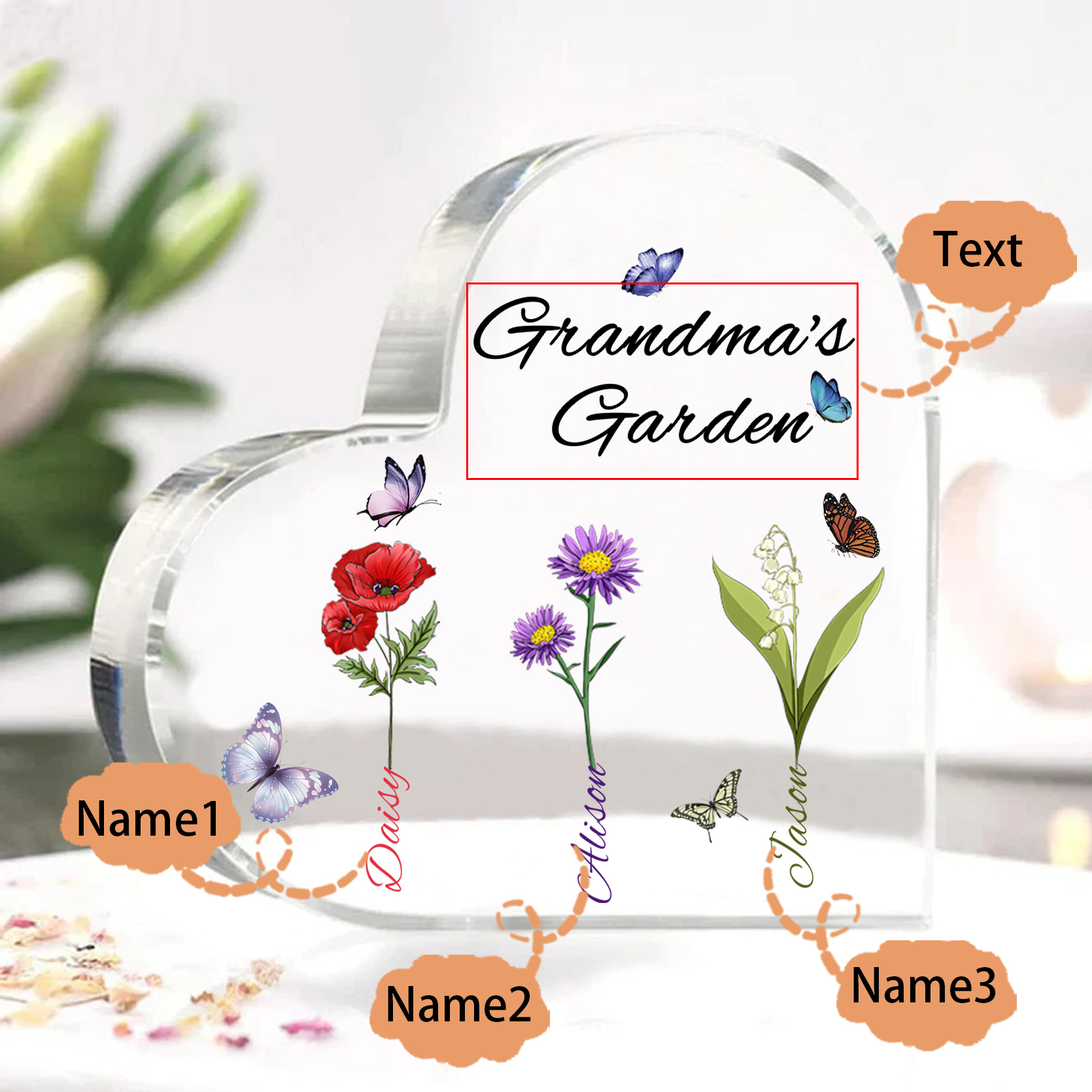 Grandma's Garden Personalised Heart Acrylic Plaque with Custom 1-8 Birth Flowers and Names Family Gift-Jessemade AU