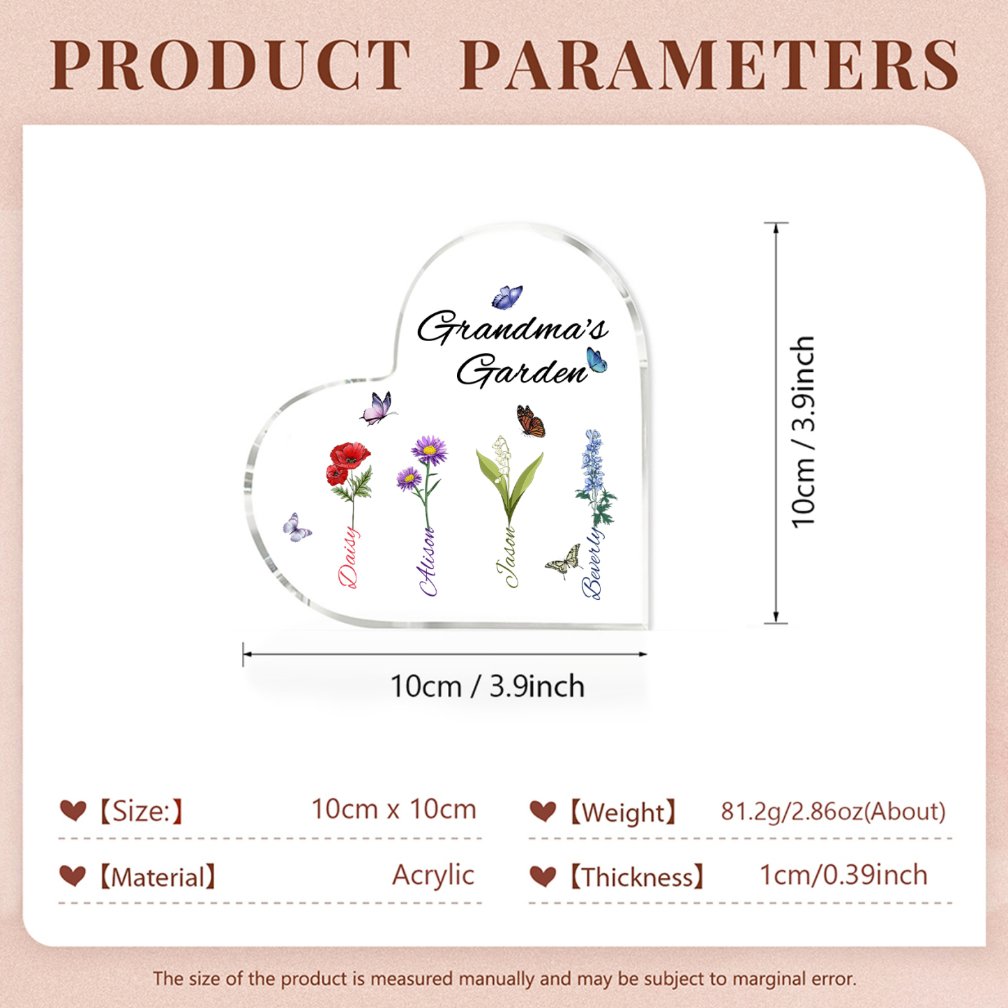 Grandma's Garden Personalised Heart Acrylic Plaque with Custom 1-8 Birth Flowers and Names Family Gift-Jessemade AU