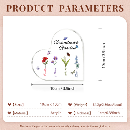 Grandma's Garden Personalised Heart Acrylic Plaque with Custom 1-8 Birth Flowers and Names Family Gift-Jessemade AU