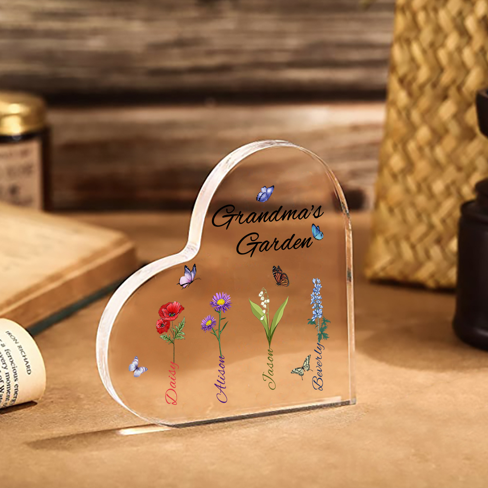 Grandma's Garden Personalised Heart Acrylic Plaque with Custom 1-8 Birth Flowers and Names Family Gift-Jessemade AU