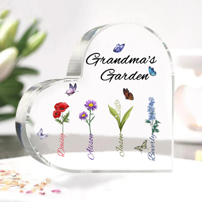 Grandma's Garden Personalised Heart Acrylic Plaque with Custom 1-8 Birth Flowers and Names Family Gift-Jessemade AU