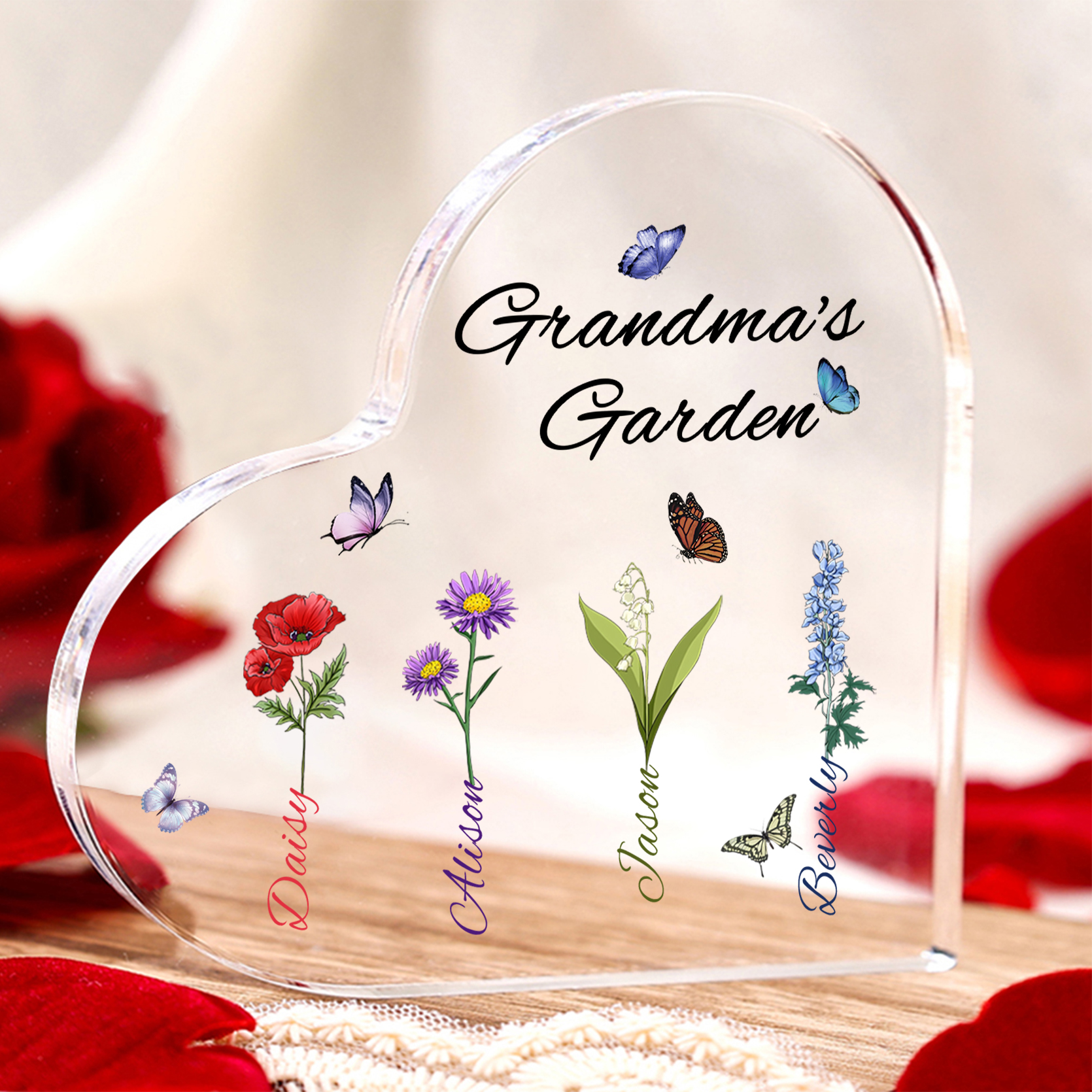 Grandma's Garden Personalised Heart Acrylic Plaque with Custom 1-8 Birth Flowers and Names Family Gift