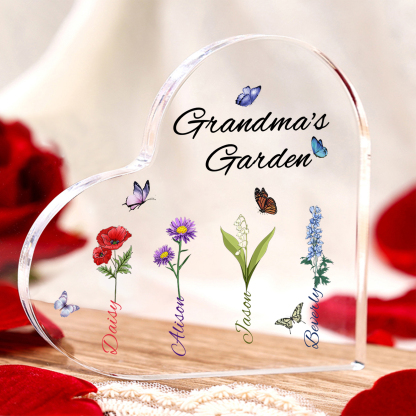 Grandma's Garden Personalised Heart Acrylic Plaque with Custom 1-8 Birth Flowers and Names Family Gift-Jessemade AU