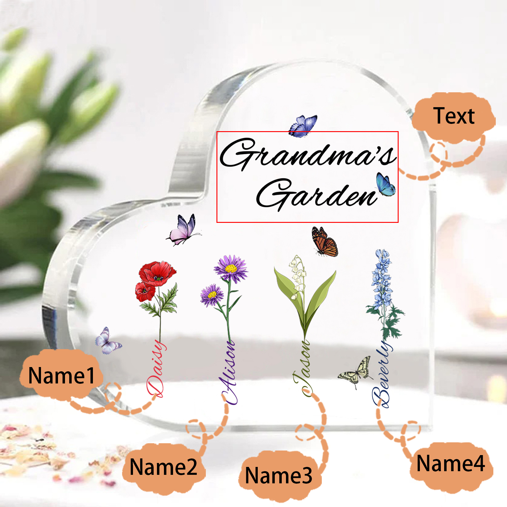 Grandma's Garden Personalised Heart Acrylic Plaque with Custom 1-8 Birth Flowers and Names Family Gift