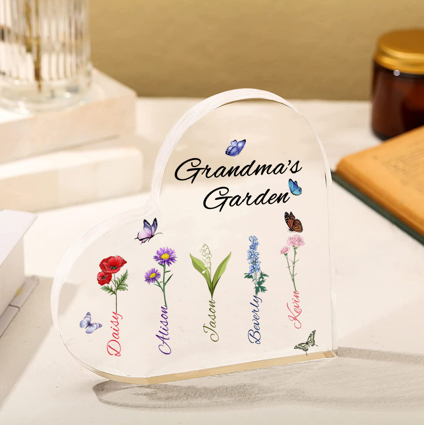 Grandma's Garden Personalised Heart Acrylic Plaque with Custom 1-8 Birth Flowers and Names Family Gift-Jessemade AU