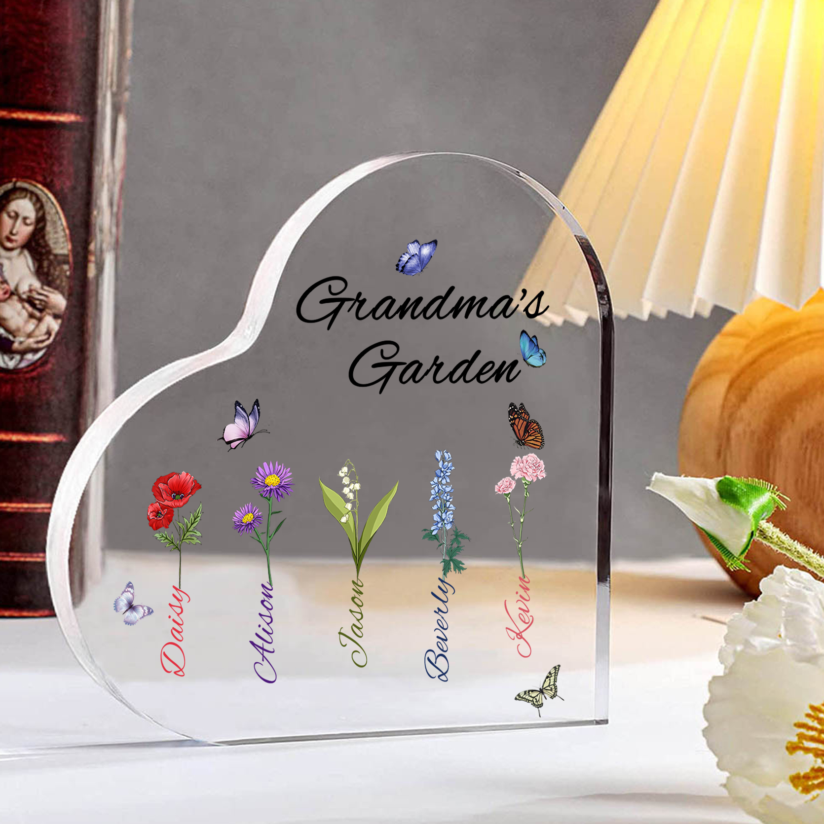 Grandma's Garden Personalised Heart Acrylic Plaque with Custom 1-8 Birth Flowers and Names Family Gift-Jessemade AU