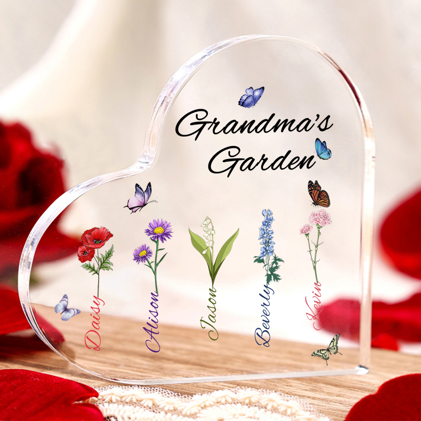 Grandma's Garden Personalised Heart Acrylic Plaque with Custom 1-8 Birth Flowers and Names Family Gift-Jessemade AU