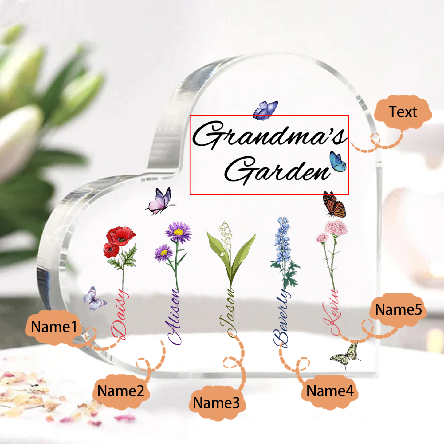 Grandma's Garden Personalised Heart Acrylic Plaque with Custom 1-8 Birth Flowers and Names Family Gift-Jessemade AU