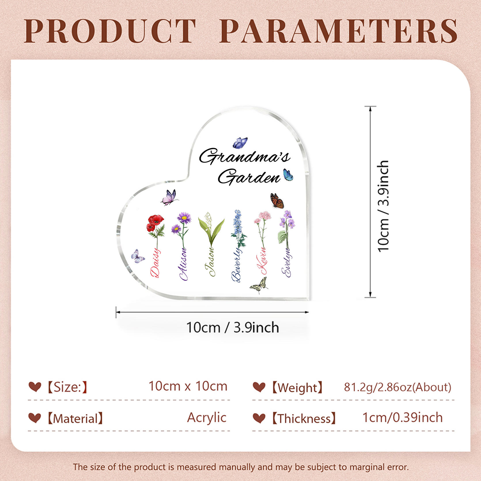 Grandma's Garden Personalised Heart Acrylic Plaque with Custom 1-8 Birth Flowers and Names Family Gift-Jessemade AU