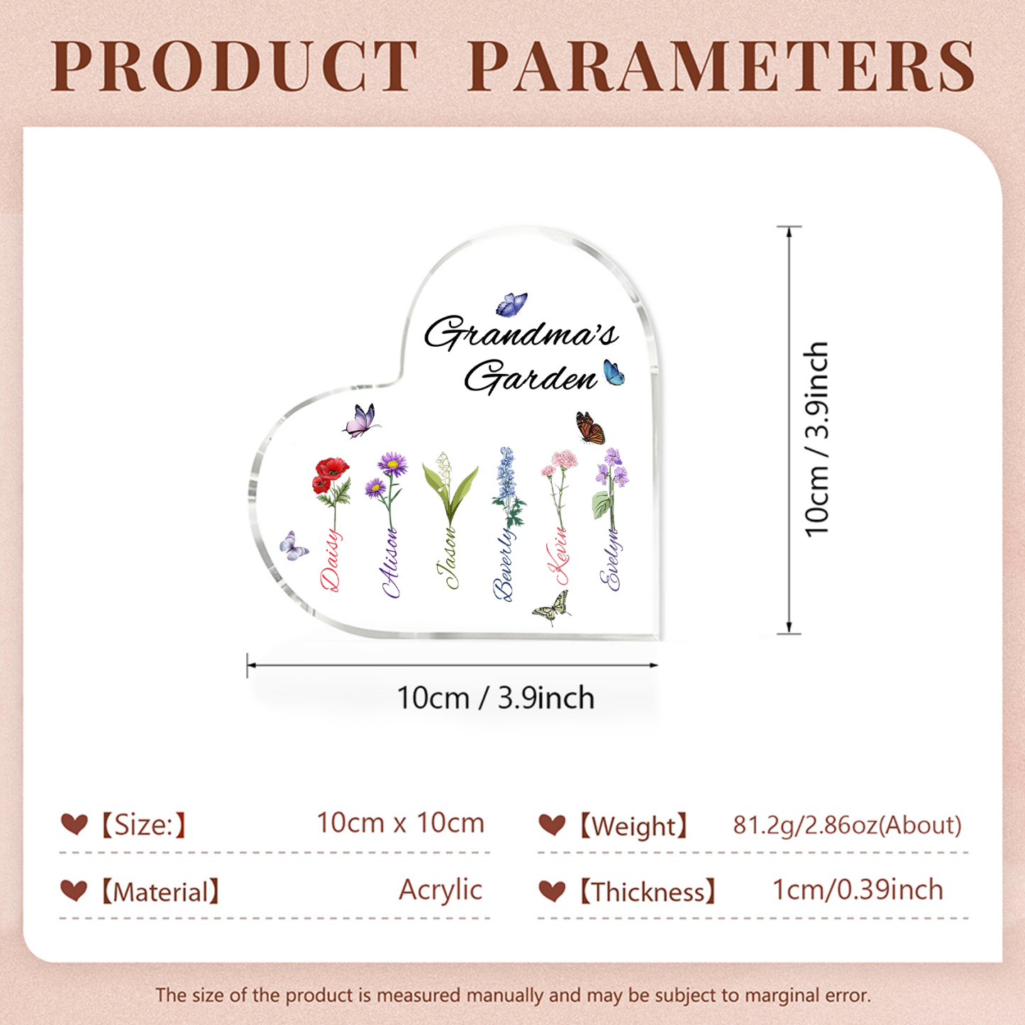 Grandma's Garden Personalised Heart Acrylic Plaque with Custom 1-8 Birth Flowers and Names Family Gift-Jessemade AU