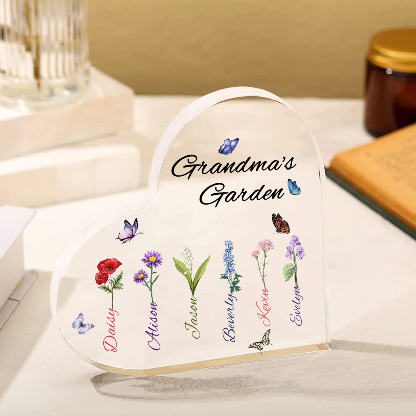 Grandma's Garden Personalised Heart Acrylic Plaque with Custom 1-8 Birth Flowers and Names Family Gift-Jessemade AU