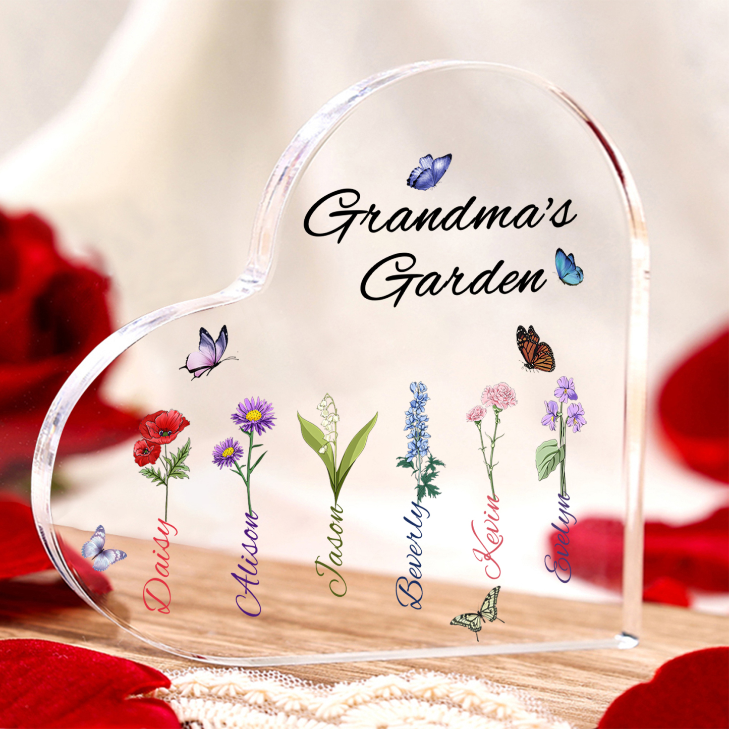 Grandma's Garden Personalised Heart Acrylic Plaque with Custom 1-8 Birth Flowers and Names Family Gift-Jessemade AU