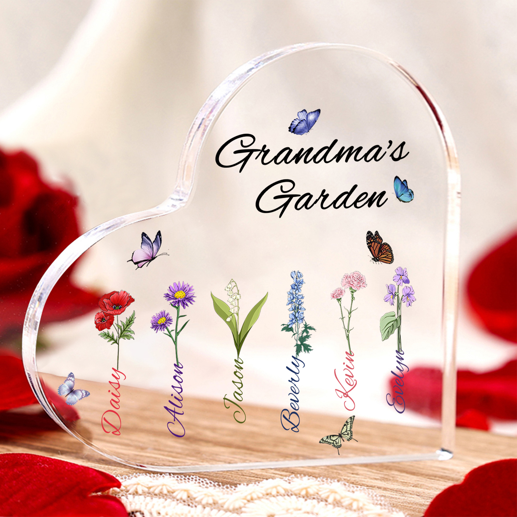 Grandma's Garden Personalised Heart Acrylic Plaque with Custom 1-8 Birth Flowers and Names Family Gift-Jessemade AU