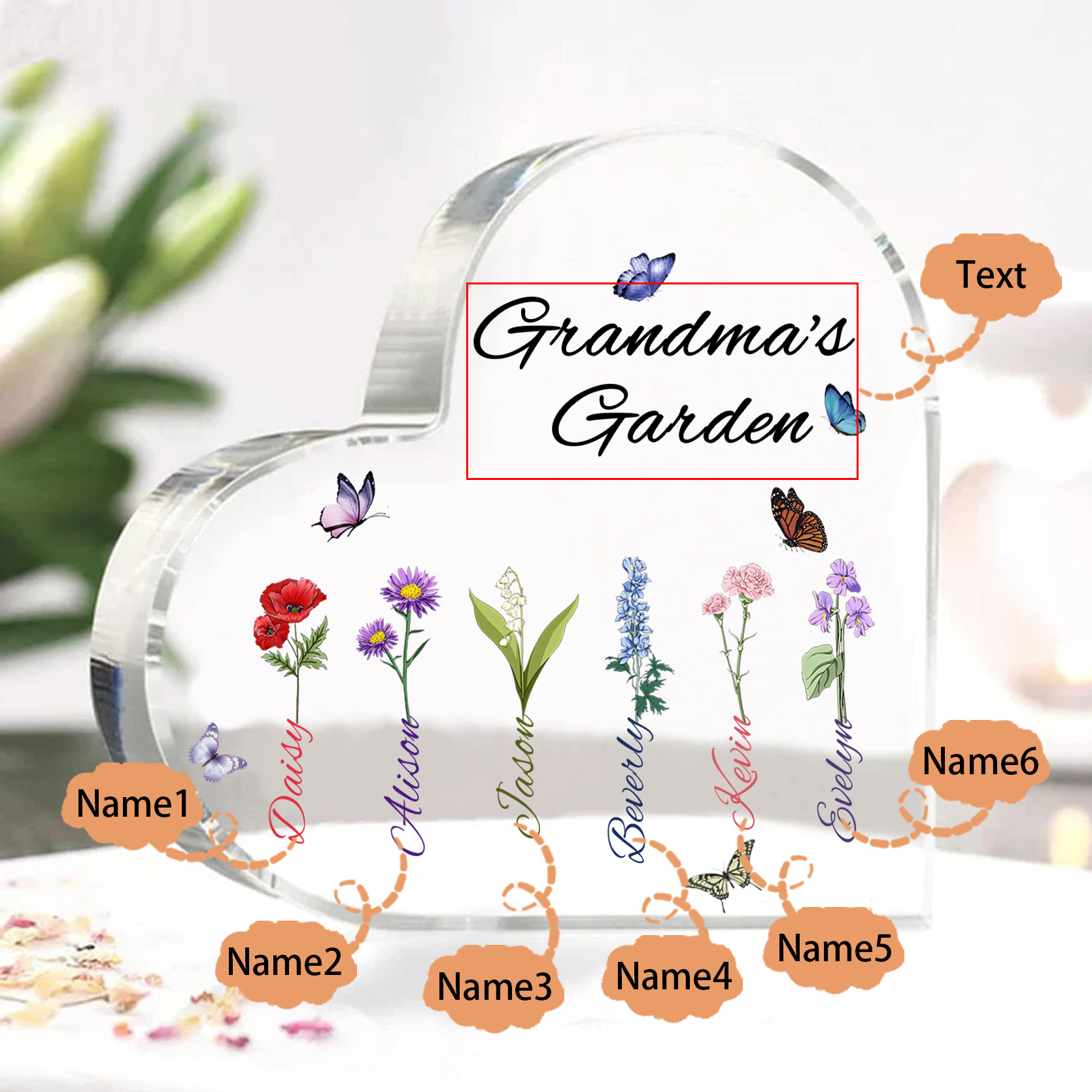 Grandma's Garden Personalised Heart Acrylic Plaque with Custom 1-8 Birth Flowers and Names Family Gift-Jessemade AU