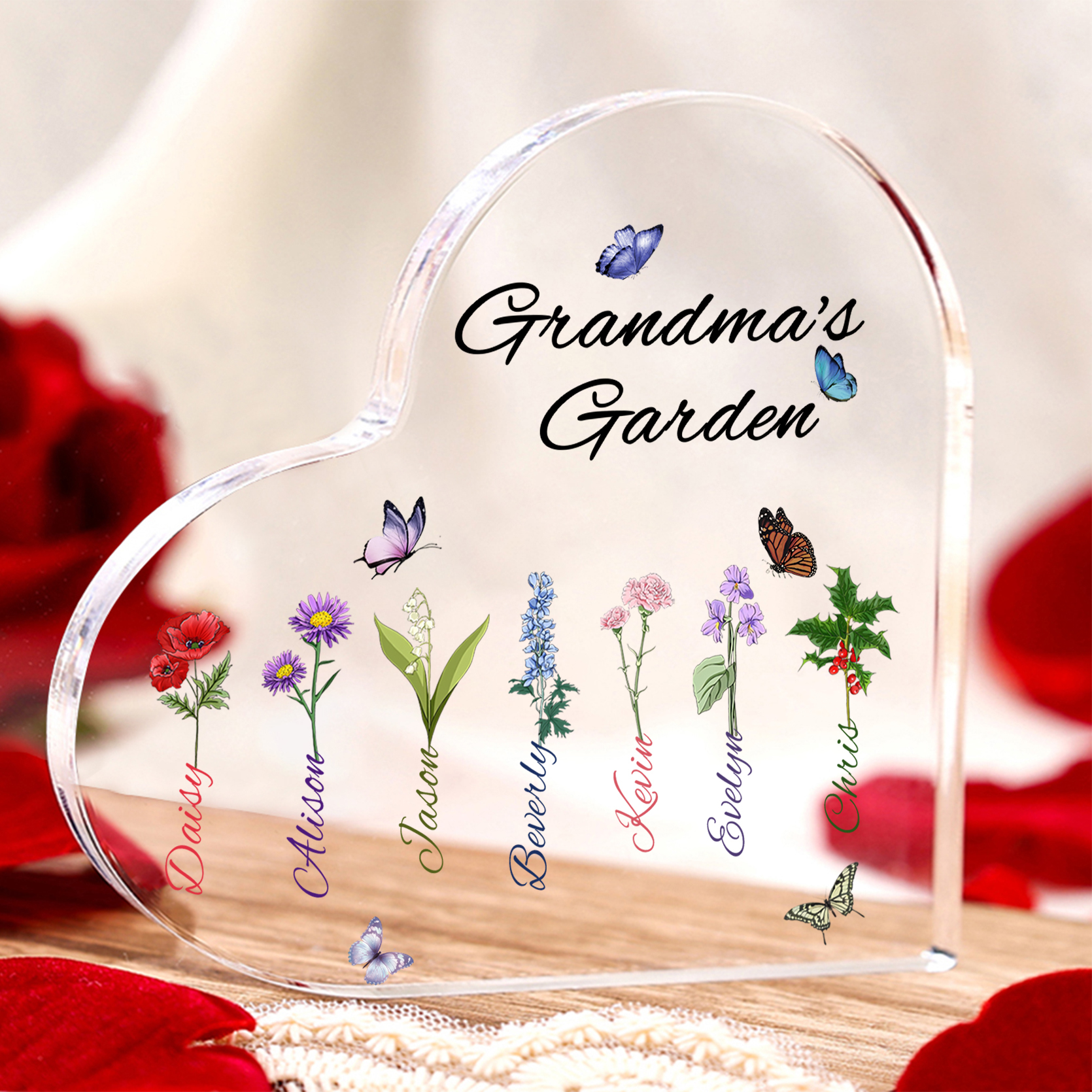 Grandma's Garden Personalised Heart Acrylic Plaque with Custom 1-8 Birth Flowers and Names Family Gift-Jessemade AU