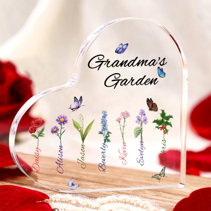 Grandma's Garden Personalised Heart Acrylic Plaque with Custom 1-8 Birth Flowers and Names Family Gift-Jessemade AU