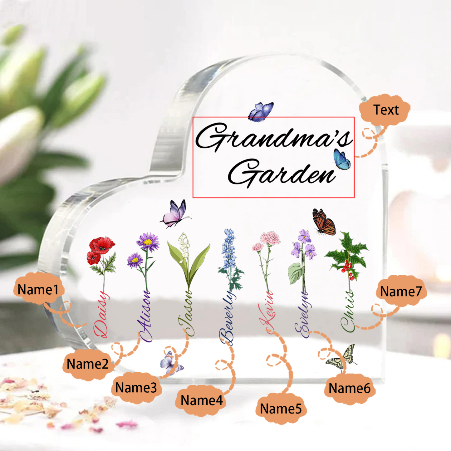 Grandma's Garden Personalised Heart Acrylic Plaque with Custom 1-8 Birth Flowers and Names Family Gift-Jessemade AU