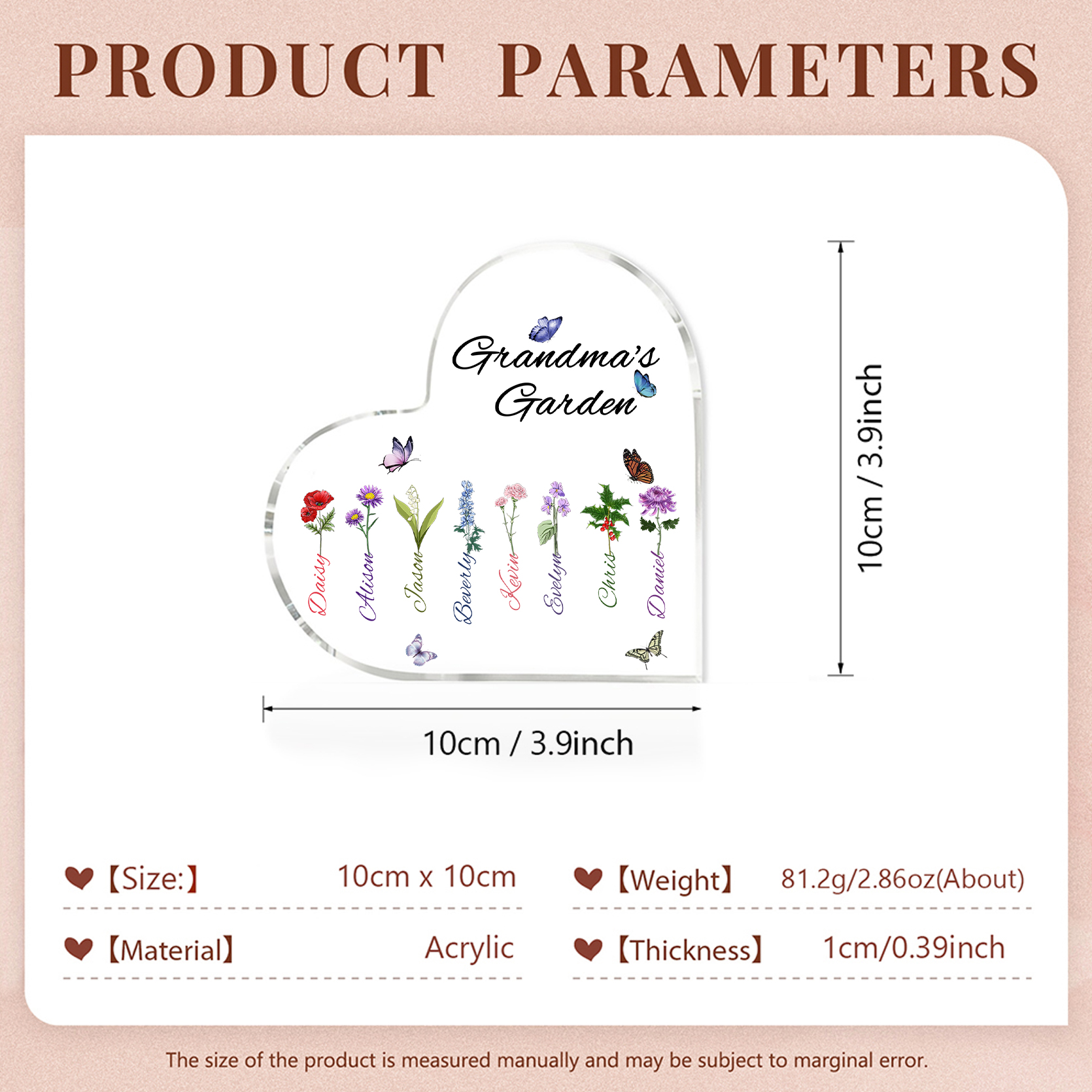 Grandma's Garden Personalised Heart Acrylic Plaque with Custom 1-8 Birth Flowers and Names Family Gift-Jessemade AU