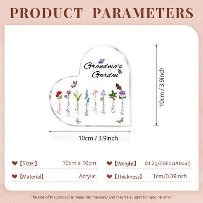 Grandma's Garden Personalised Heart Acrylic Plaque with Custom 1-8 Birth Flowers and Names Family Gift-Jessemade AU