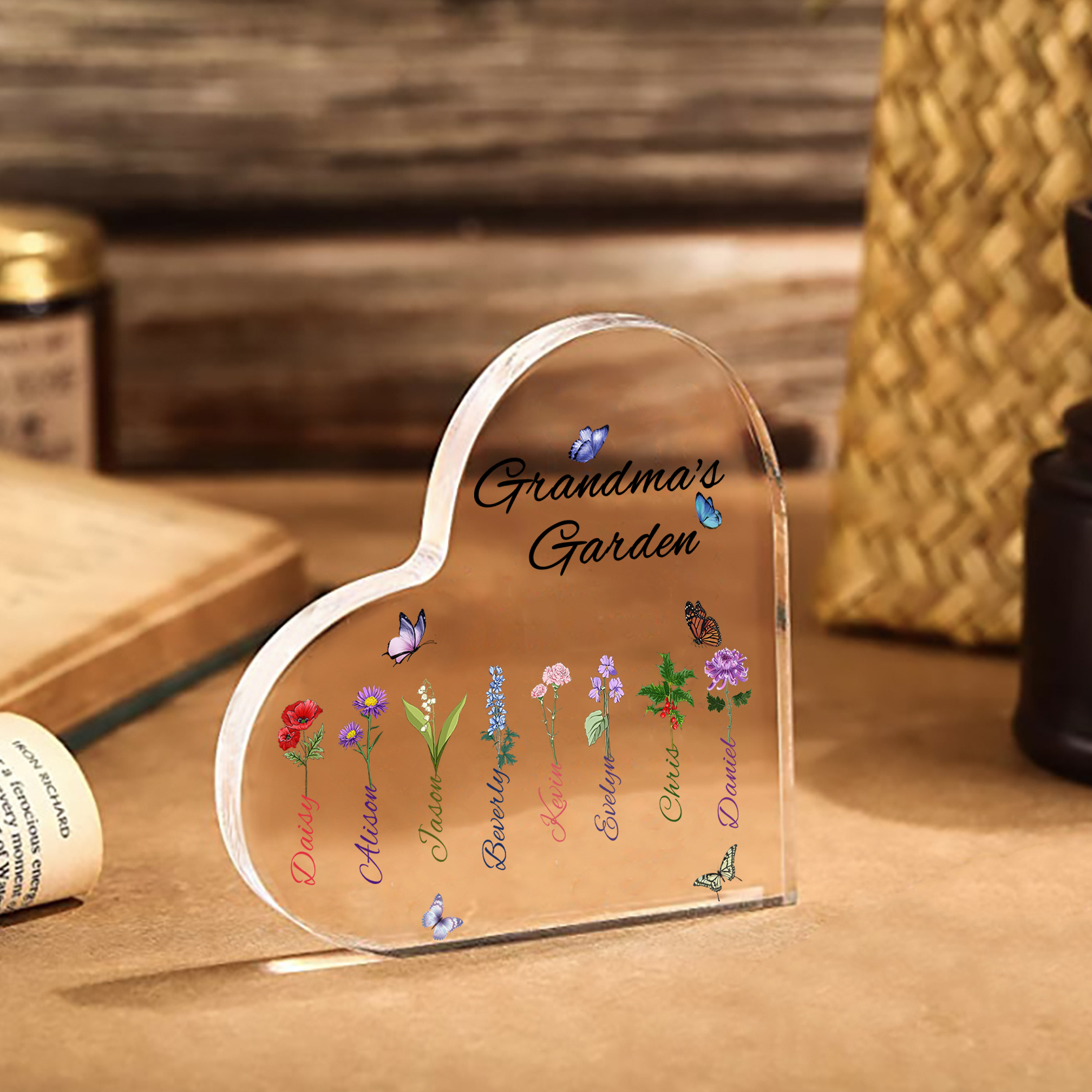 Grandma's Garden Personalised Heart Acrylic Plaque with Custom 1-8 Birth Flowers and Names Family Gift-Jessemade AU