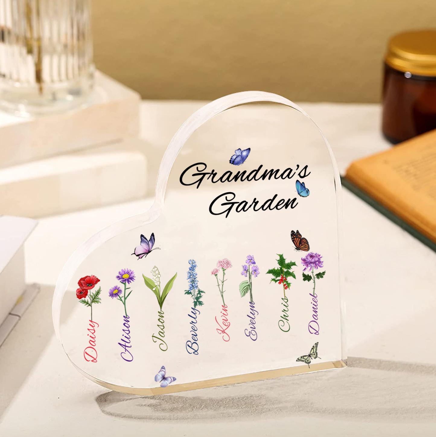 Grandma's Garden Personalised Heart Acrylic Plaque with Custom 1-8 Birth Flowers and Names Family Gift-Jessemade AU
