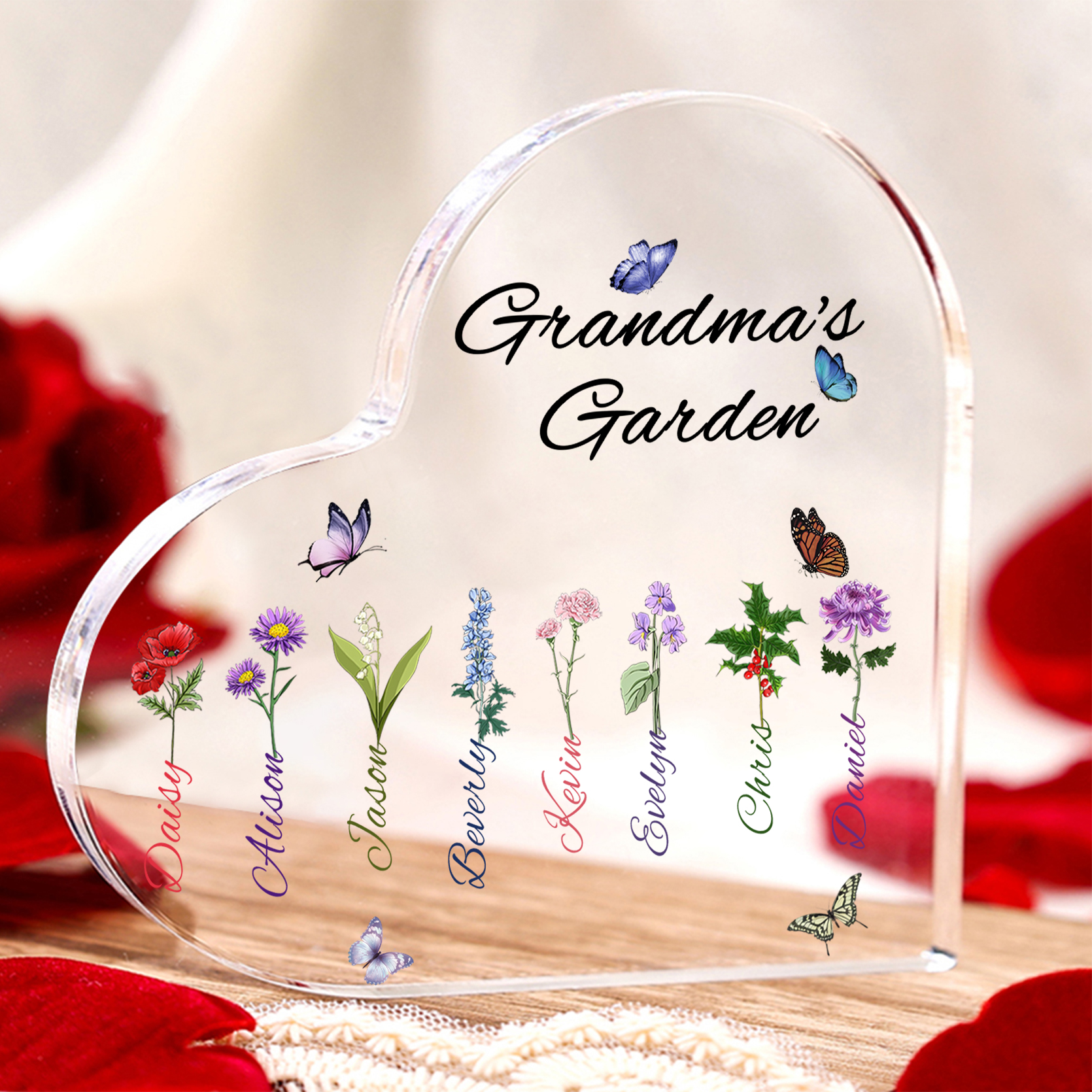 Grandma's Garden Personalised Heart Acrylic Plaque with Custom 1-8 Birth Flowers and Names Family Gift-Jessemade AU
