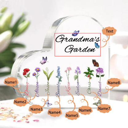 Grandma's Garden Personalised Heart Acrylic Plaque with Custom 1-8 Birth Flowers and Names Family Gift-Jessemade AU