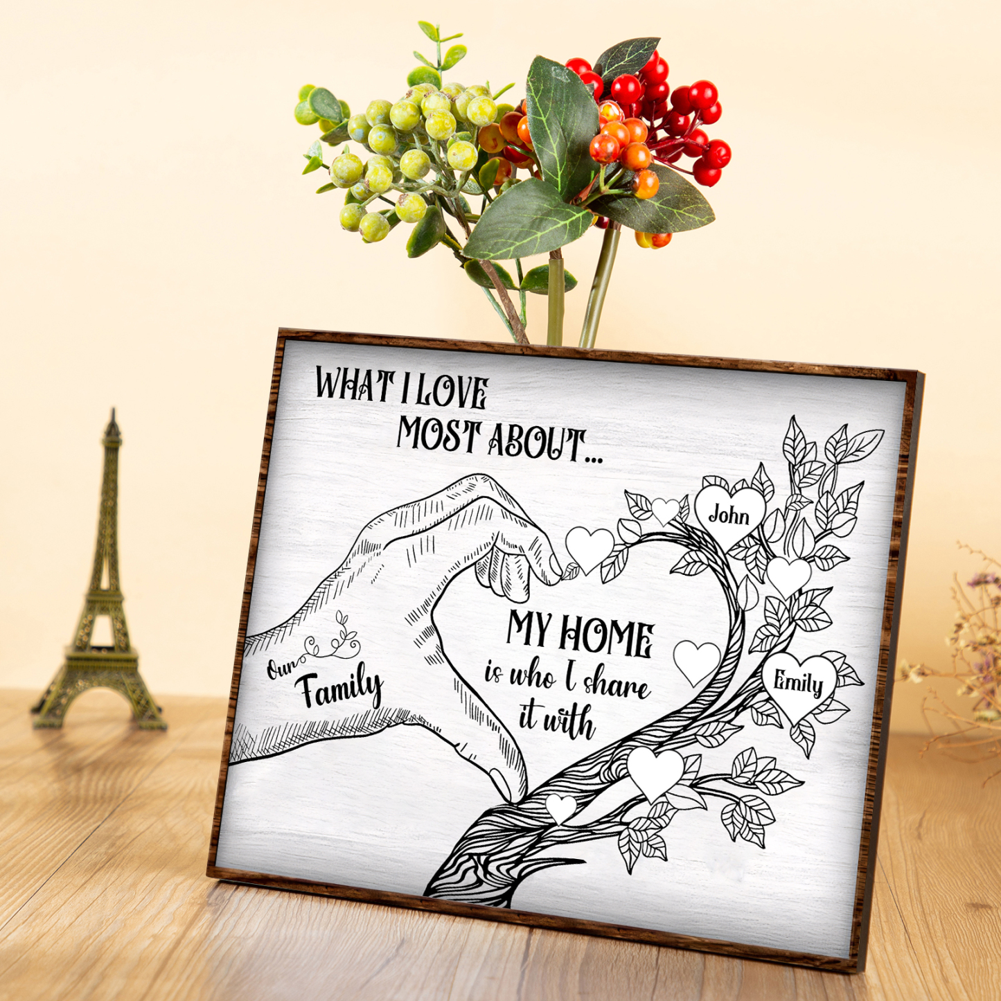 Personalised Family Tree Wood Plaque Custom with 2-7 Heart Names Wood Frame Family Gift-Jessemade AU