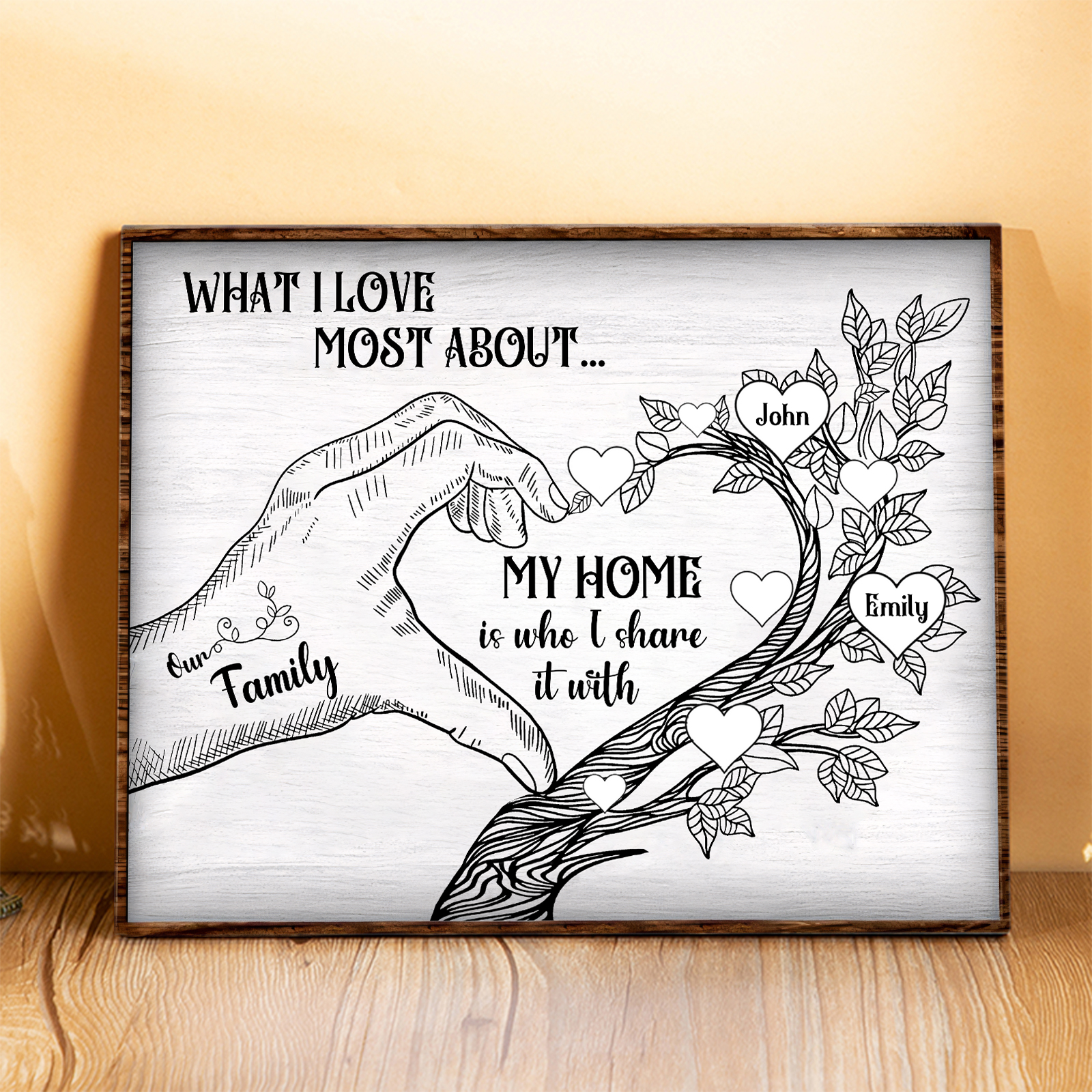 Personalised Family Tree Wood Plaque Custom with 2-7 Heart Names Wood Frame Family Gift