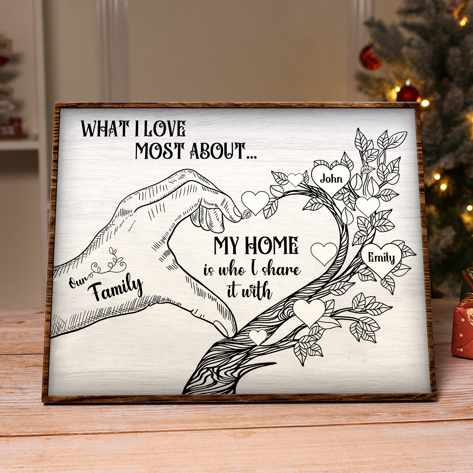 Personalised Family Tree Wood Plaque Custom with 2-7 Heart Names Wood Frame Family Gift-Jessemade AU