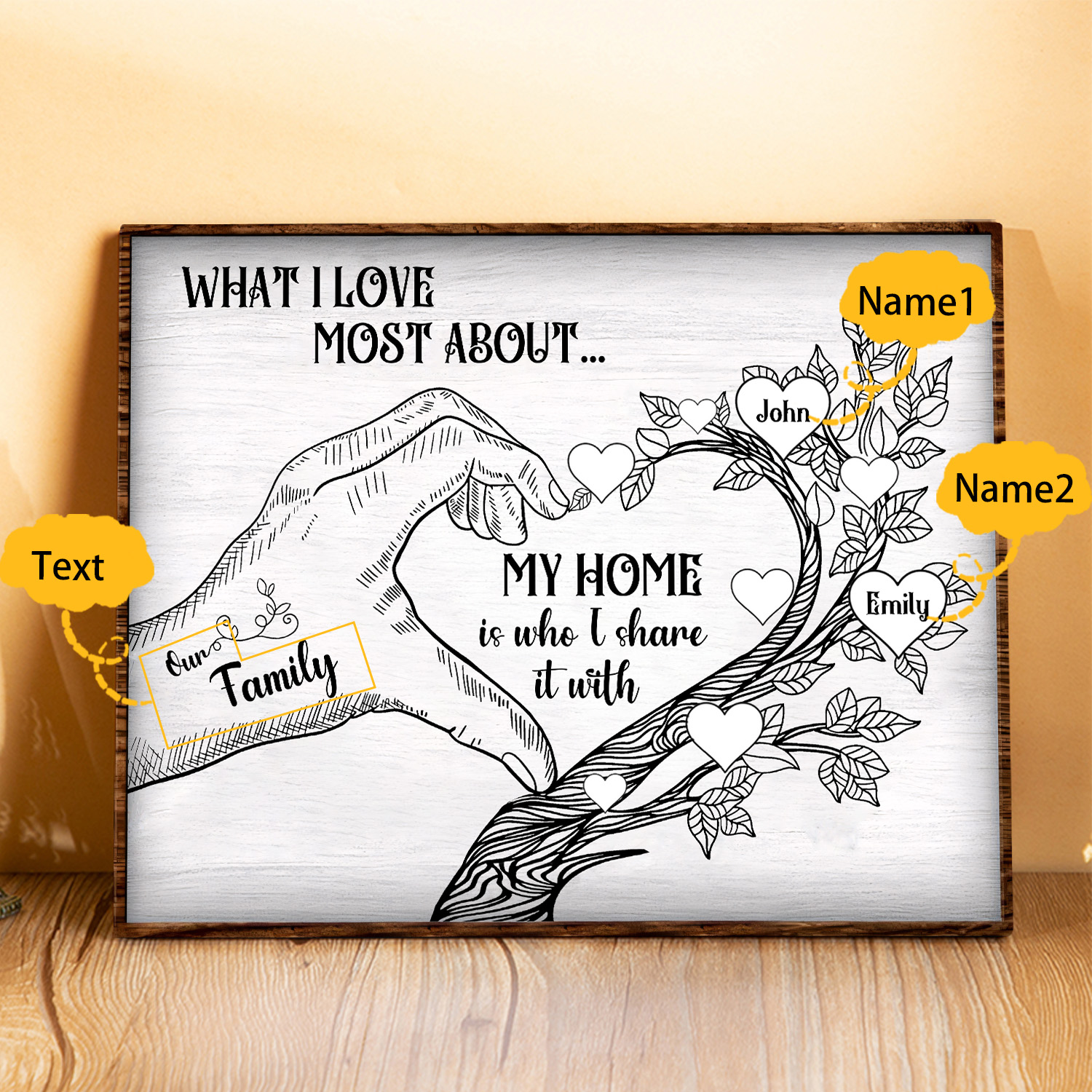 Personalised Family Tree Wood Plaque Custom with 2-7 Heart Names Wood Frame Family Gift