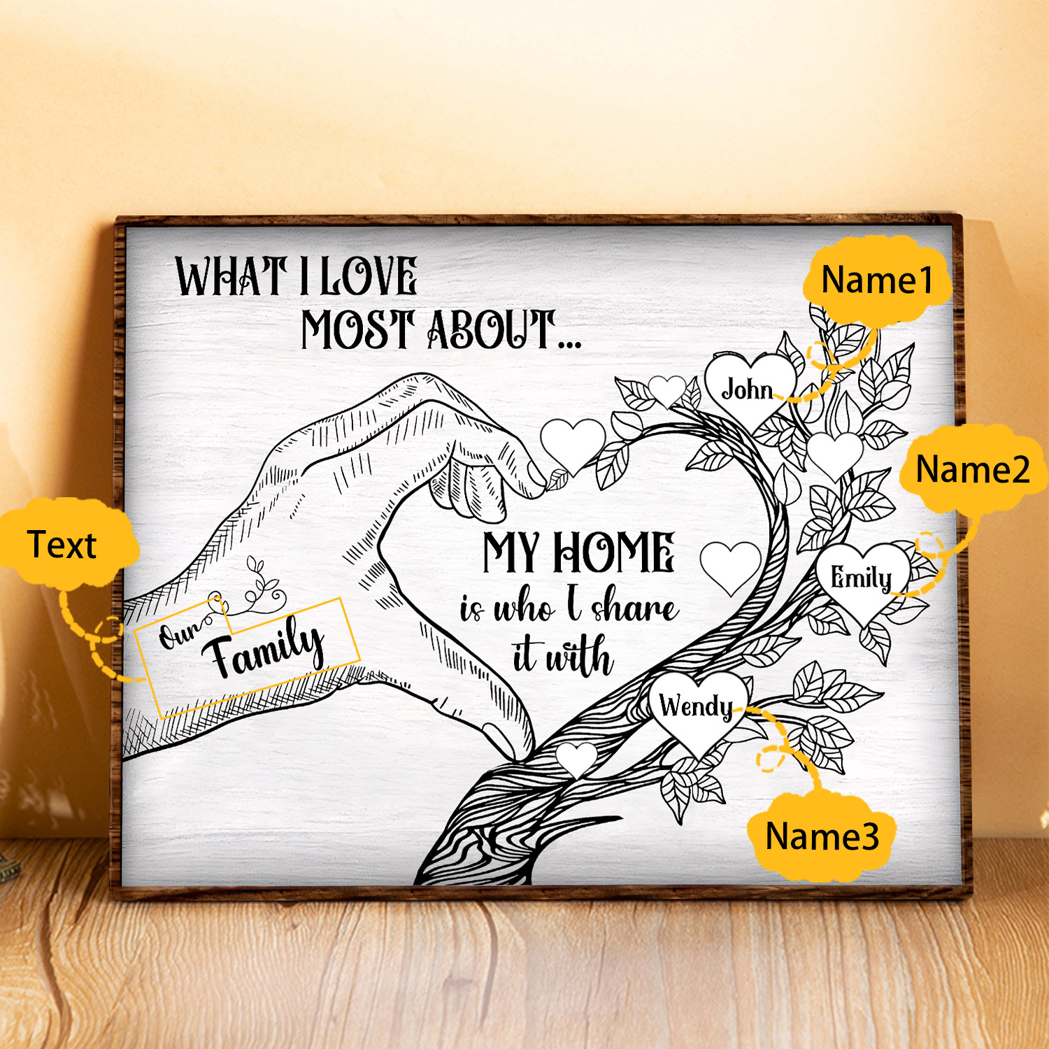 Personalised Family Tree Wood Plaque Custom with 2-7 Heart Names Wood Frame Family Gift-Jessemade AU
