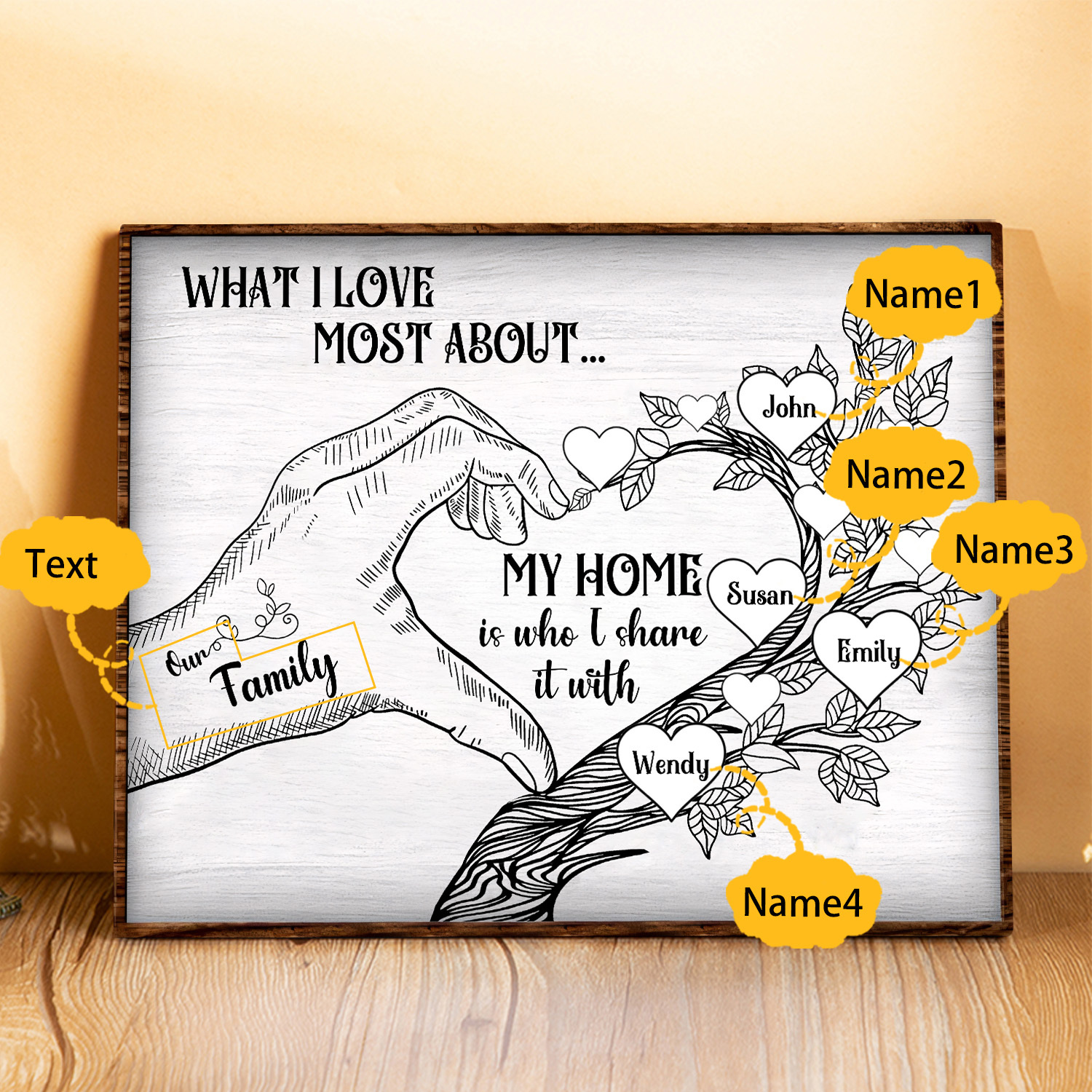 Personalised Family Tree Wood Plaque Custom with 2-7 Heart Names Wood Frame Family Gift-Jessemade AU