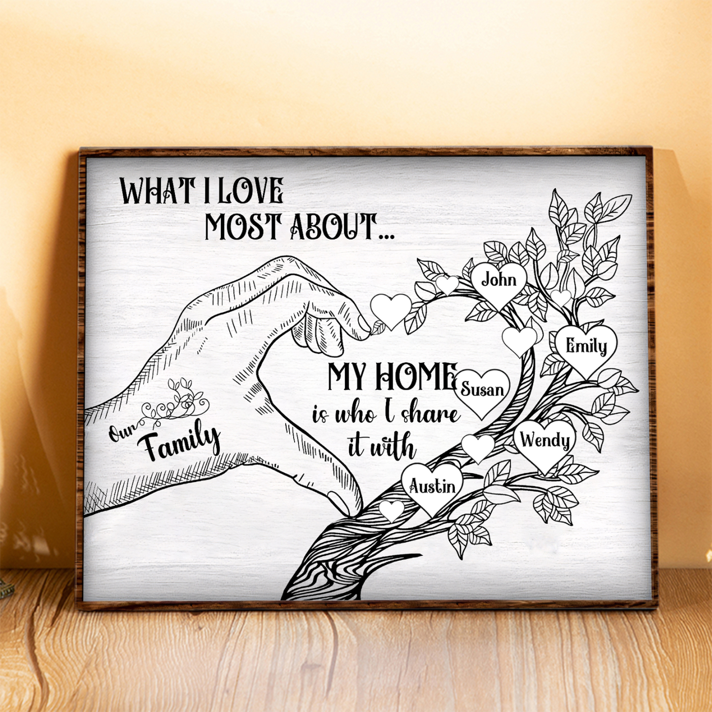 Personalised Family Tree Wood Plaque Custom with 2-7 Heart Names Wood Frame Family Gift-Jessemade AU