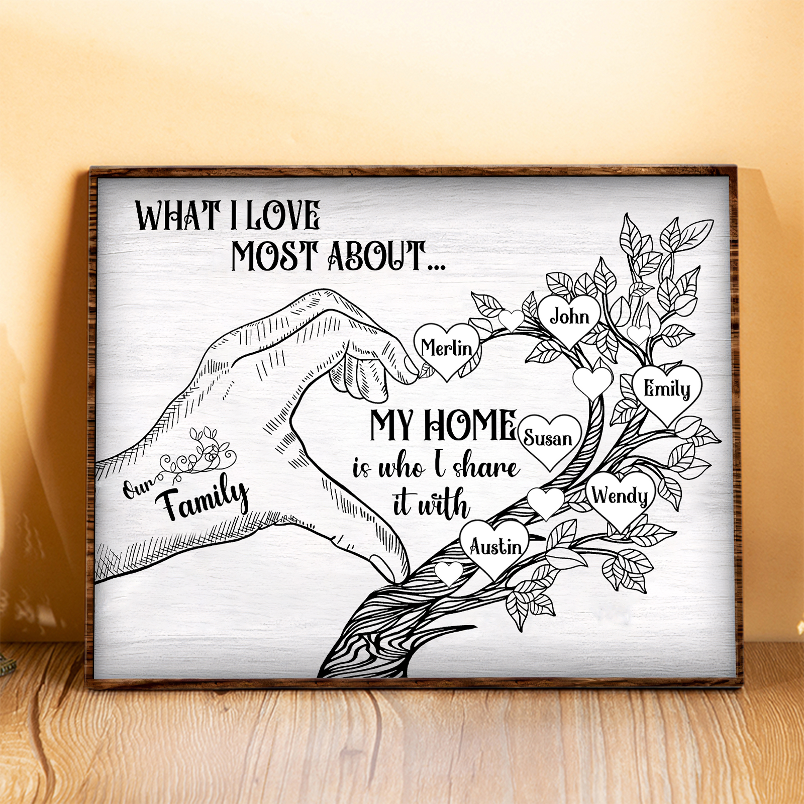 Personalised Family Tree Wood Plaque Custom with 2-7 Heart Names Wood Frame Family Gift-Jessemade AU