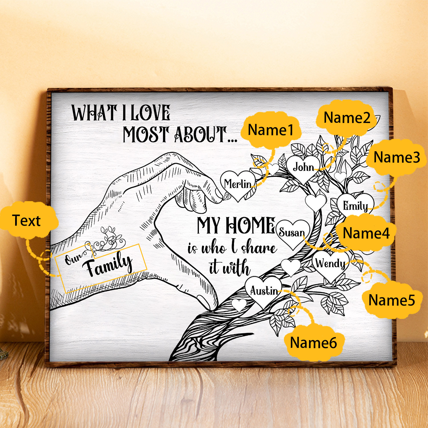 Personalised Family Tree Wood Plaque Custom with 2-7 Heart Names Wood Frame Family Gift-Jessemade AU