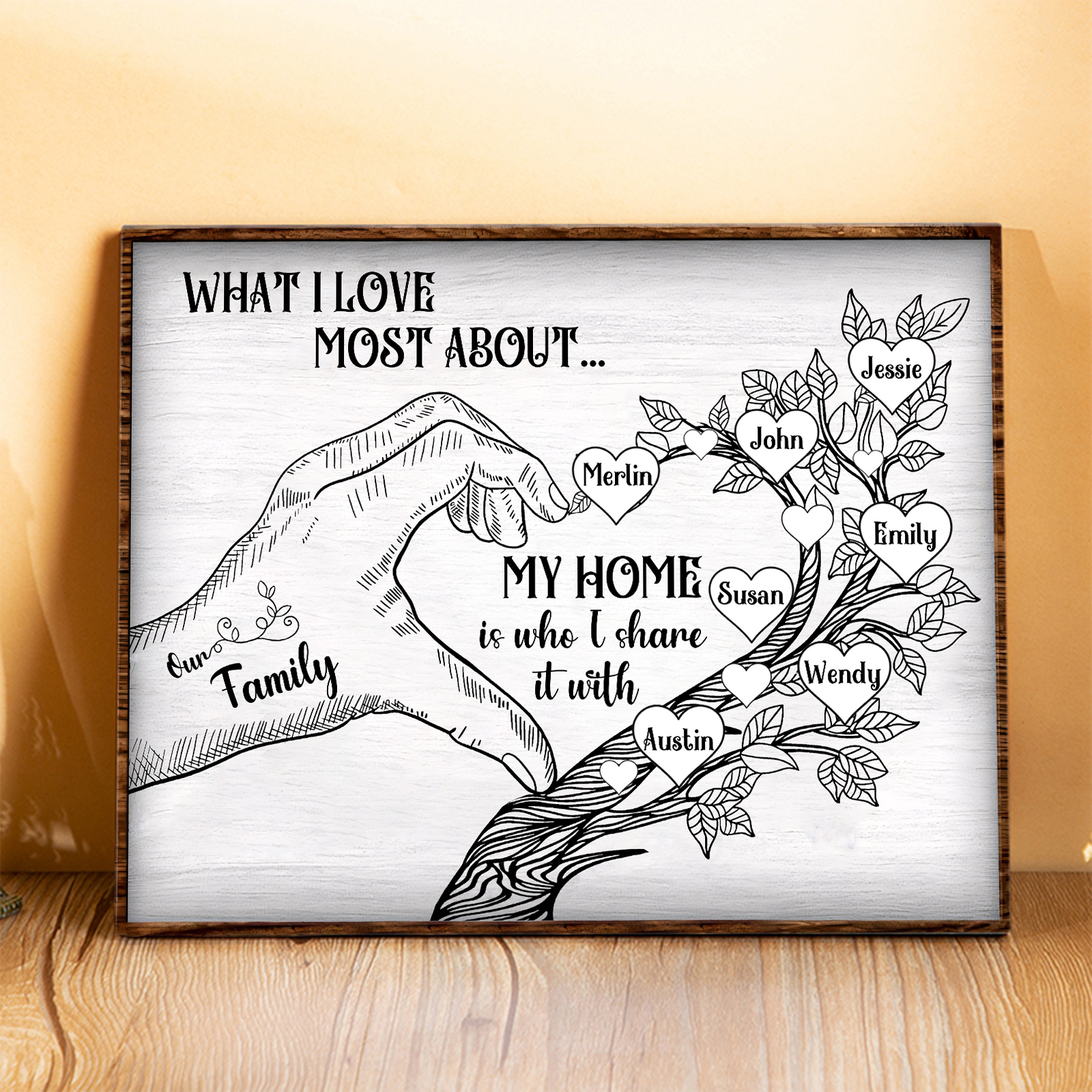 Personalised Family Tree Wood Plaque Custom with 2-7 Heart Names Wood Frame Family Gift-Jessemade AU