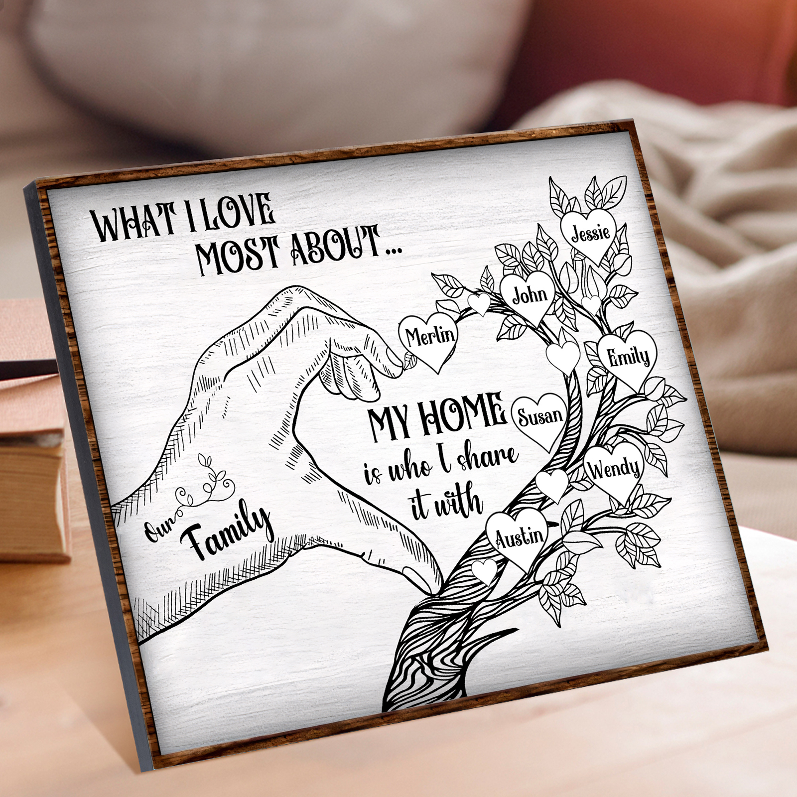 Personalised Family Tree Wood Plaque Custom with 2-7 Heart Names Wood Frame Family Gift-Jessemade AU