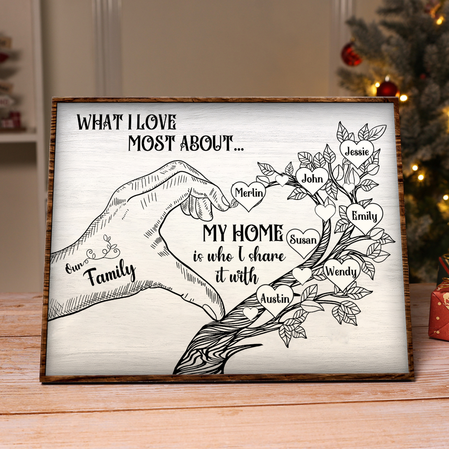 Personalised Family Tree Wood Plaque Custom with 2-7 Heart Names Wood Frame Family Gift-Jessemade AU