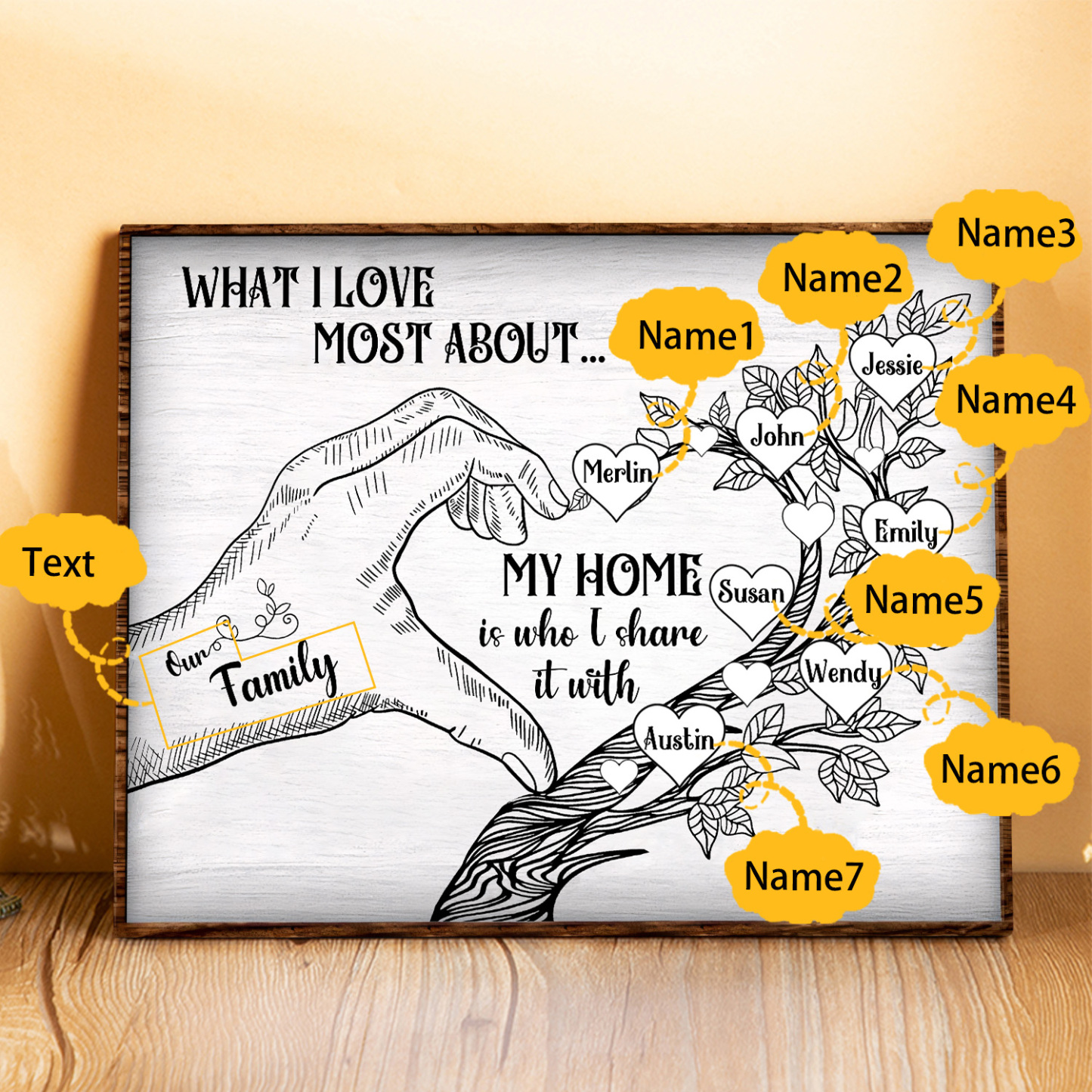 Personalised Family Tree Wood Plaque Custom with 2-7 Heart Names Wood Frame Family Gift-Jessemade AU