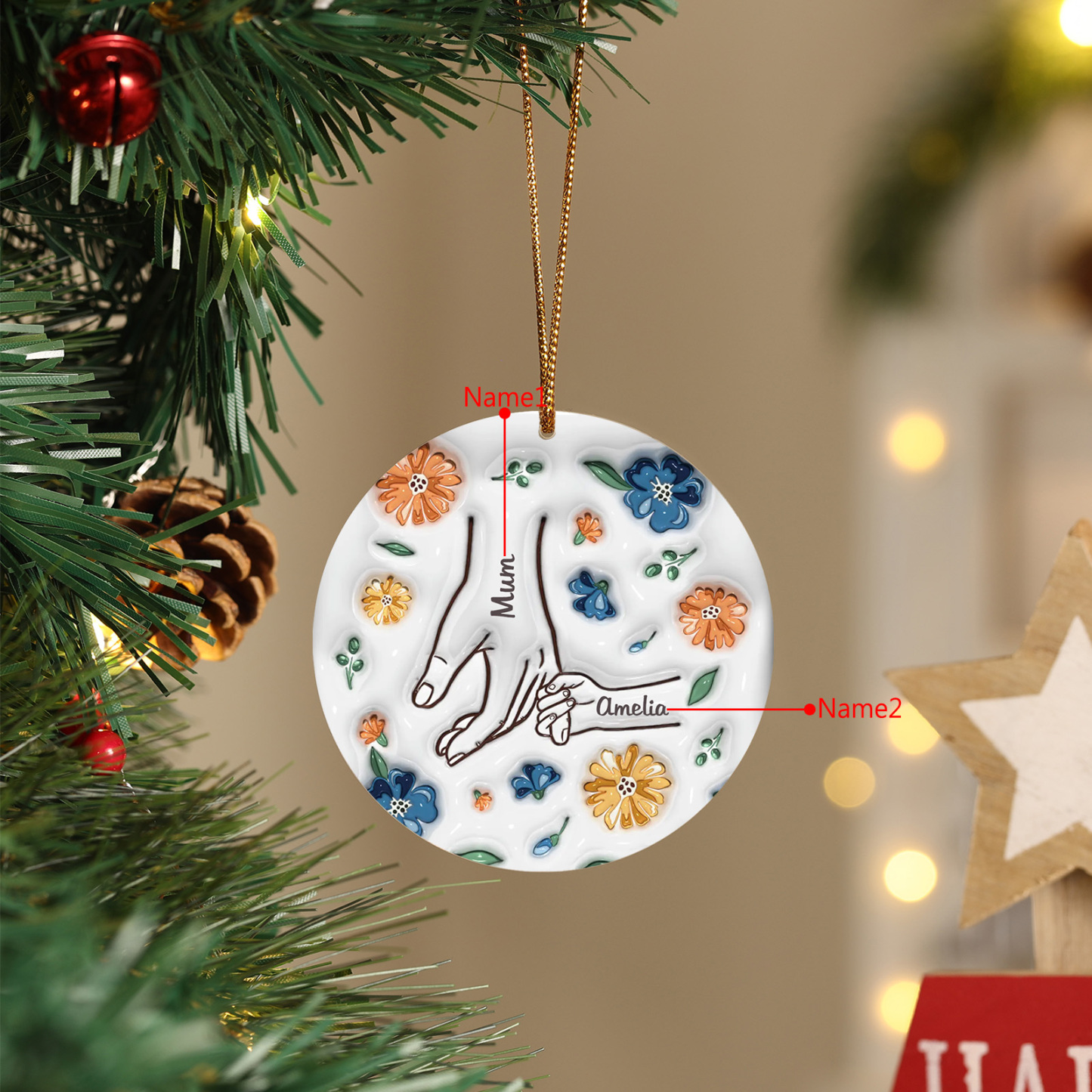 Holding Hand and Flower Personalised Acrylic Ornament with Custom 2-9 Names Christmas Family Gift-Jessemade AU