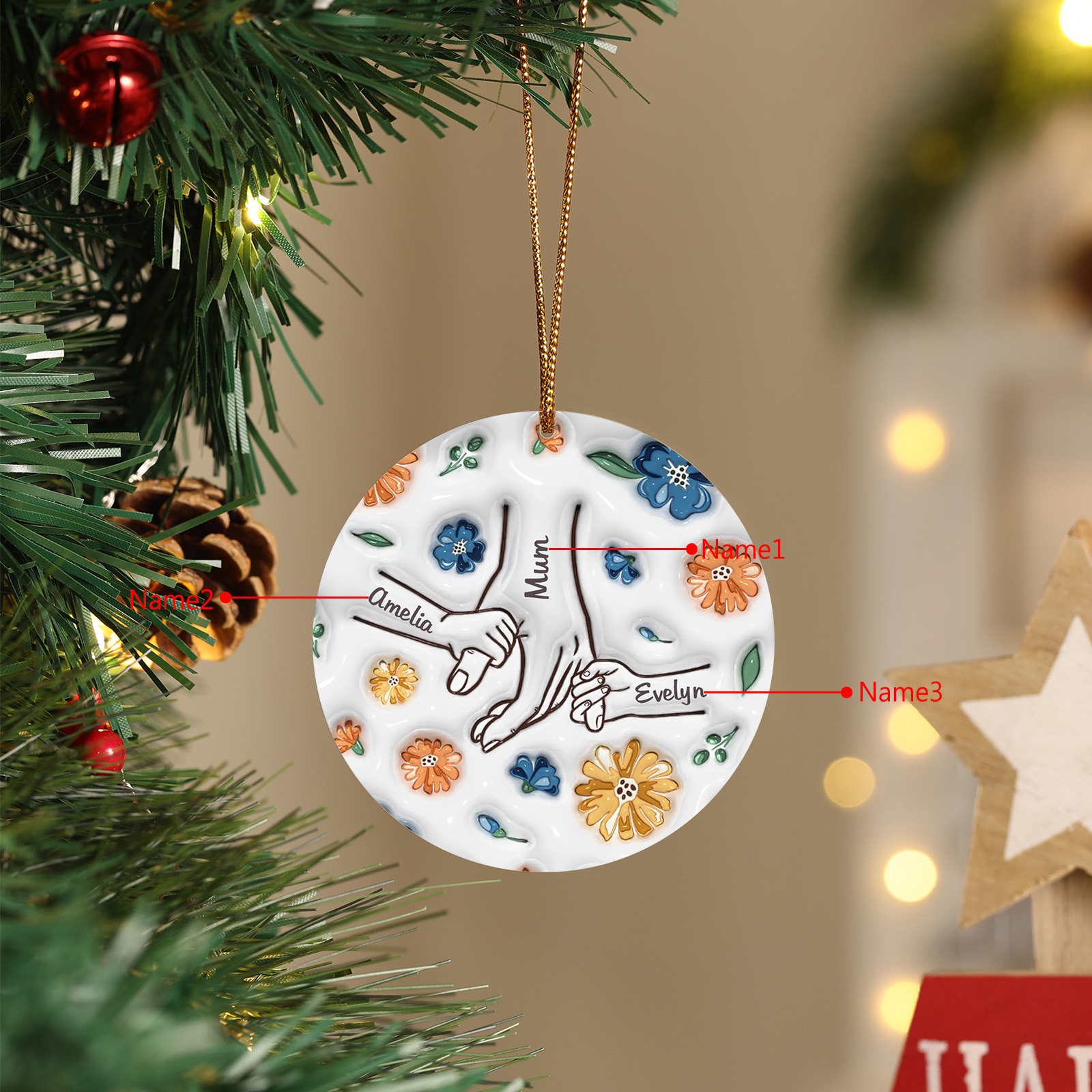 Holding Hand and Flower Personalised Acrylic Ornament with Custom 2-9 Names Christmas Family Gift-Jessemade AU