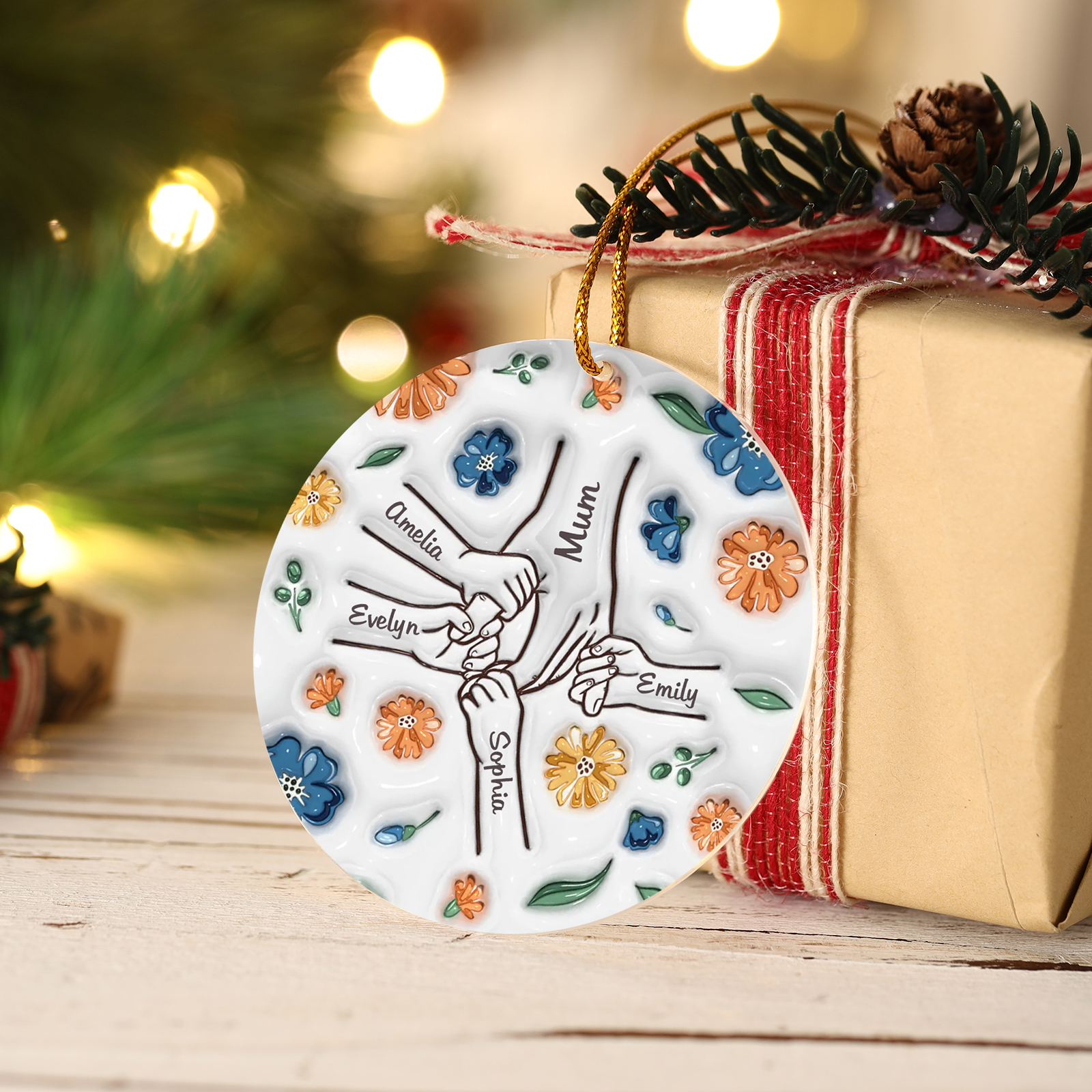 Holding Hand and Flower Personalised Acrylic Ornament with Custom 2-9 Names Christmas Family Gift-Jessemade AU